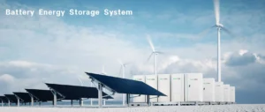 Renewable energy installations, including solar photovoltaic panels and wind turbines. Several battery storage containers with the "Liyue" logo are placed under a cloudy sky. The words "Battery Energy Storage System" are displayed in the upper left corner of the picture.