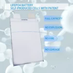A lithium iron phosphate pouch cell with two protruding positive and negative battery plates on the top. The text on the picture highlights its characteristics: "full capacity", "no explosion", "no fire" and "no leakage".