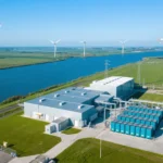 A Dutch battery storage facility connected to a wind farm—hybrid projects now dominate to avoid grid fees.