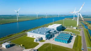 A Dutch battery storage facility connected to a wind farm—hybrid projects now dominate to avoid grid fees.