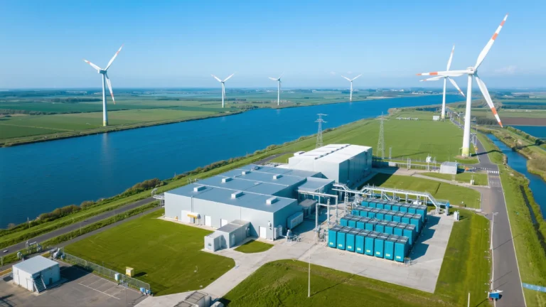 A Dutch battery storage facility connected to a wind farm—hybrid projects now dominate to avoid grid fees.