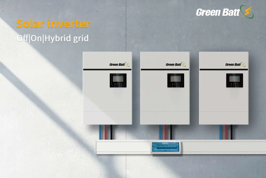 GreenBatt hybrid solar inverter with off-grid/on-grid/hybrid mode selector switch and LED status indicators