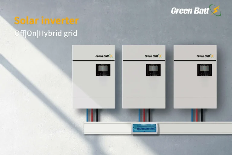 GreenBatt hybrid solar inverter with off-grid/on-grid/hybrid mode selector switch and LED status indicators